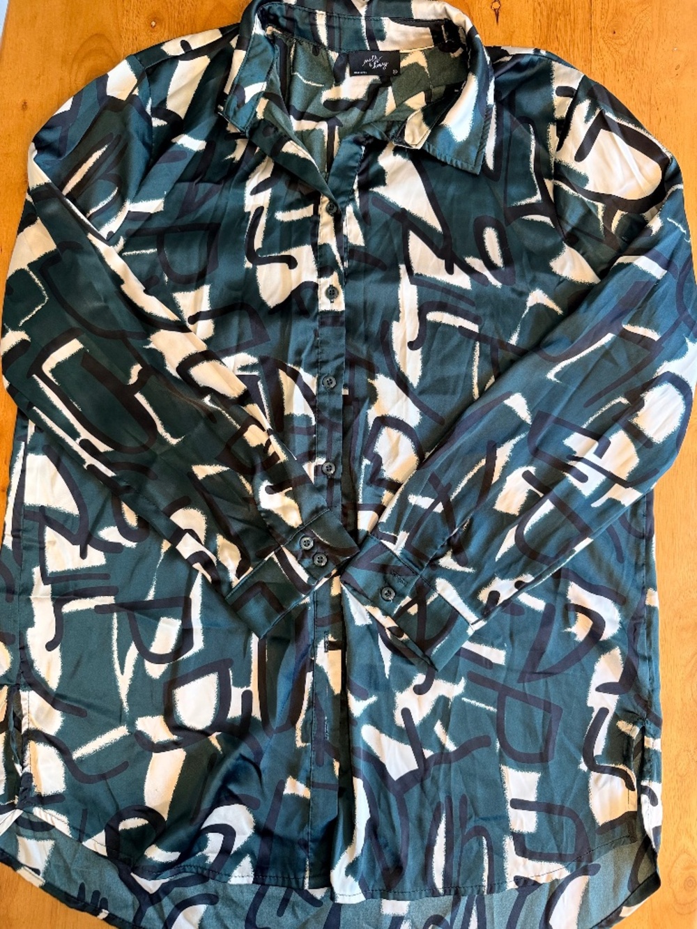 Milk & Honey Abstract Graphic Print Button Down Shirt XL Dark Green Satin 675